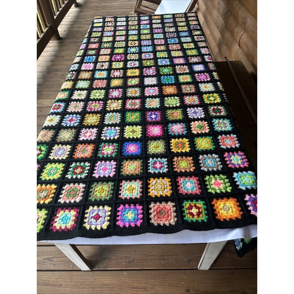 Vtg 1970s Heavy Granny Square Afghan Blanket 56x76 Black Border Retro Throw